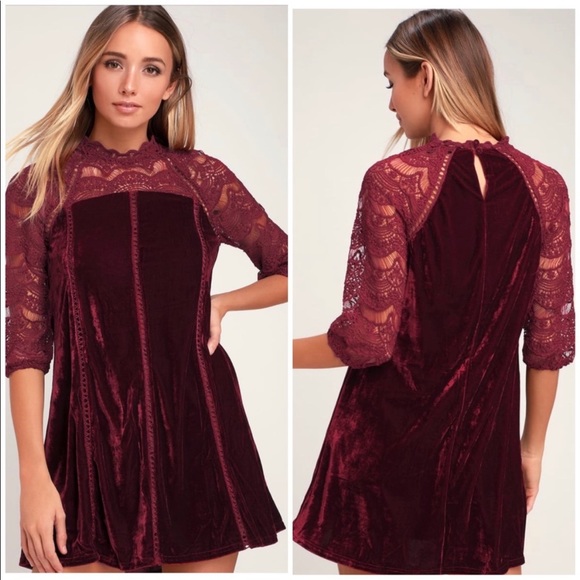 LULUS Burgundy Velvet Crochet Shift Mini Dress High Collar Long Sleeve - Picture 1 of 11